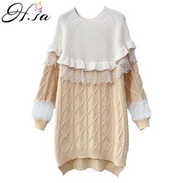 Winter Lace Sweater Dress Women Tunic Twist Basic es Knitted Long Sleeve Fall Khaki Sexy Party 210430