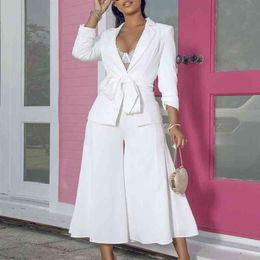Office Lady Blazer with Pantskirts Suit set Elegant 2 Piece Sets Sashes Women Jackets Trousers Wide Leg Culottes Modest Fashion 210416