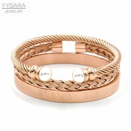 Fysara 3pcs/set Charm Pearl Cuff Bracelets Women Jewelry Accessories Rose Gold Color Roman Bangles Wire Twist Cuff Bracelets Q0717