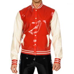 sexy jackets Canada - Men's Jackets Red And White Trims Sexy Latex Jacket Buttons At Front Two Pockets Stripes Collar Sleeves Rubber Coat Top YF-0280