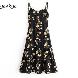 Sexy Sling Summer Dress Women Vintage Floral Print Boho Beach Lady Sleeveless V Neck A-line Midi Chiffon OMZZ6870 210514