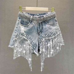 Female Denim Shorts Summer Wear High Waist Slimming Heavy Beaded Sequin Fringed Ripped Wide Leg Pants Jeans 210720