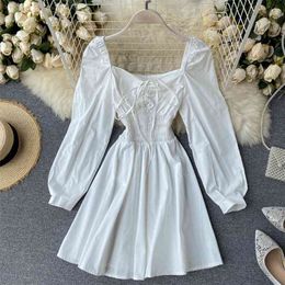 Summer Dress Women White Black Lace-up V Neck Long Sleeve Elastic Waist A Line Above Knee Mini Party 210603