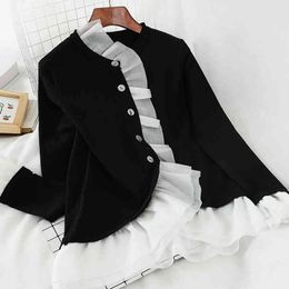 Women's Cardigans Autumn Ruffles Patchwork Sweaters Long Sleeve V-neck Knit Cardigan Wear Korean Style Woman Tops PL117 210506