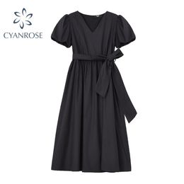 Summer Cotton and Linen Dress Women Elegant V Neck Short Sleeve Long Korean Retro Black Lace Up Bow Pleated 210515