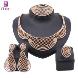 Fashion Nigerian Gold Color Crystal Necklace Earring Jewelry Sets For Women Party Dubai Jewellry Set Wedding Accessories
