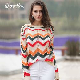 Qooth Loose Jumper Women Crochet Top Knitwear Stripe Long Sleeve Pullover Hollow Out Sweaters Women Top QT341 210518