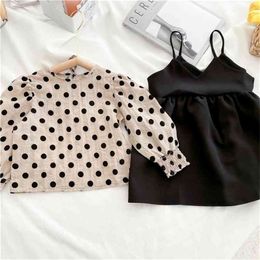 Spring Arrival Girls Long Sleeve Dot 2 Pieces Suit Blouses+overalls Dress Girl Clothes 210528