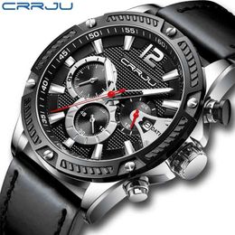 Men Watches CRRJU Casual Leather Watches for Mens Top Brand Luxury Fashion Chronograph Calendar Quartz Man Watches reloj hombre 210517