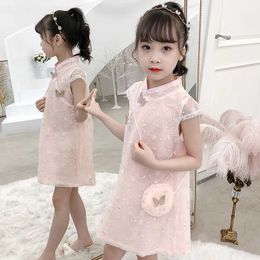 2021 Summer Sweet Girl Dress Chiffon Lace Plus Size Dress Classical Chinese Style Cheongsam Baby Princess Dress Children Clothes Q0716