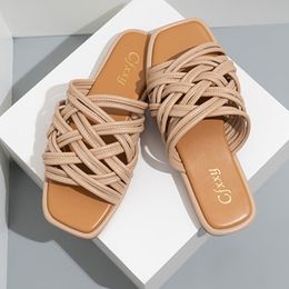 Women Slippers Woven Thin Strap Flat Sandals for Women's Outer Wear All-match Square Toe Hollow Flat-heeled