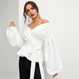 -White Office Lady Elegant Lantern Sleeve Surplice Péplan Off the Solid Blouse Solid Automne Sexy Femmes Tops et Blouses