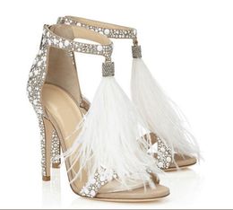 Горячая распродажа-горячая распродажа-2020 новая мода дизайнер женская обувь с перьями горный хрусталь летних сандалии высокие каблуки кристаллы партии свадебные туфли