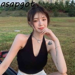 Tops & Tees Tanks Camis Sexy Black Halter Lace Up Knitted Tank Summer Chic Korean Fashion Short Beach Streetwear 210429