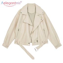 Aelegantmis Fashion Faux Leather Jackets Women with Belt Korean Loose Pu Motorcycle Jacket Streetwear Coats Zipper 210607