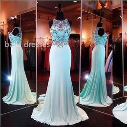 Sky Blue Mermaid Prom Dresses Halter Neck Pleated Bodice Crystals Beads Sweep Train 2022 Party Evening Gowns