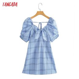Tangada Summer Women Plaid Print French Style Dress Puff Short Sleeve Ladies Mini Dress Vestidos 3C12 210609