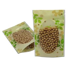 12x20 cm 50pcs Lot Plastic Stand Up Green Leaves Zipper Food Storage Bags with Round Clear Window Resealable Poly Pouch for Beans