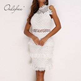 Summer Women Party Sleeveless White Lace Sexy Bodycon Pencil Dress 210415