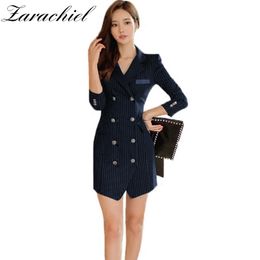Office Lady Blazer Women Winter Notched Wool Striped Long Sleeve Double Breasted Sexy Package Hip Pencil Dress 210416