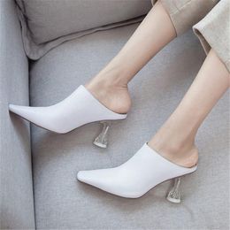 Slippers PXELENA Luxury Full Genuine Leather Mules For Women Crystal High Heels Party Date Dress Slides Lady Plus Size 34-43