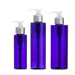 Plastic PET Blue Bottle Flat Shoulder Matte Silver White Clear Lotion Press Pump Empty Refillable Cosmetic Packaging Container 100ml 200ml 250ml