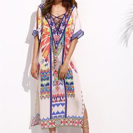 Beach Cover up Print Ethnic Kaftan ups Ladies Saida de Praia Dress Swimwear Tunic Women Robe Plage #Q260 210420