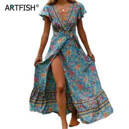 Summer Dress Indie Folk Women Sexy Printed Bow Holiday Beach Wrap Dresses V-Neck Boho Dress Elegant Party Sundress M0511 210331