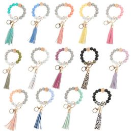 14 Colours Wooden Tassel Bead String Bracelet Keychain Food Grade Silicone Beads Bracelets Women Girl Key Ring Wrist Strap db961