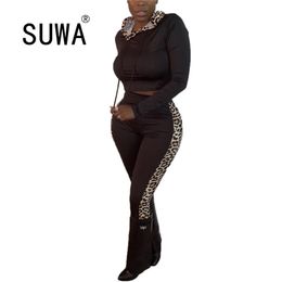 Two Piece Outfits Side Leopard Striped Chic Women Set Slim Hoodies Top + High Waist Joggers Pants Sexy Fitness Wear 210525