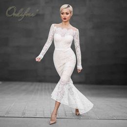 White Lace Off Shoulder Sexy Party Mermaid Long Sleeve Crochet Lady Bodycon Maxi Dress 210415