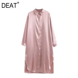 [DEAT] Spring Autumn Fashion Women Turn-down Collar Single-breasted Long Sleeve Solid Colour Dress 13A952 210527
