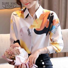 Office Loose Long-Sleeve Cardigan Women Blouse Autumn Chiffon Flower Print Shirt Women's Plus Size Ladies Tops 11128 210415
