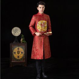 Wedding Party Cheongsam men's tang suit embroidered dragon Stand Collar Qipao long Sleeve Marry Banquet Chinese Gown red Ethnic Clothing