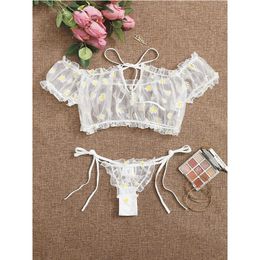 2Pcs Women Lingerie Suit Sexy Sheer Floral Print Off-Shoulder Perspective Mesh Crop Top Tie-Waist Thong-Panty for Date Night Y0911