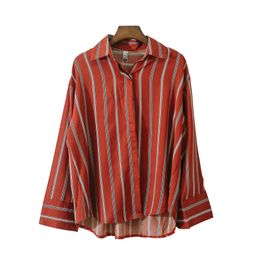 Women Striped Shirt Red Turn Down Collar Patchwork Sleeve Full Long Korean B0179 210514