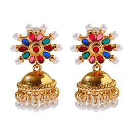 Ethnic Boho Women's Crystal Flower Indian Dangle Earrings Bijoux Classic Vintage Gold Color Pearls Earrings Wedding Jewelry