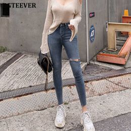 Button Fly Women Jeans High Waist Denim Pants Women High Elastic Skinny Pants Ripped Hole Stretchy Women Trousers H0908