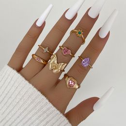 S2702 Fashion Jewellery Knuckle Ring Set Butterfly Rhinestone Pink Heart Star Stacking Rings Midi Rings Sets 7pcs/set