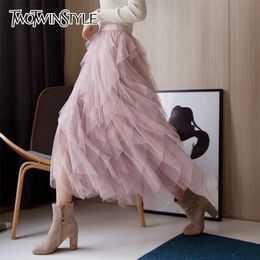 Asymmetrical Mesh Skirts For Women High Waist Ankle Length Female Elegant Korean Fashion Clothing 210521