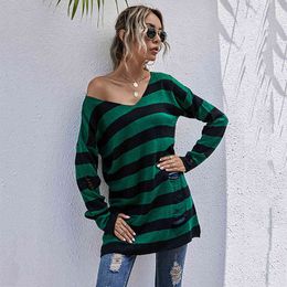 Sexy Off Shoulder Striped Sweater Women Casual V-neck Long Sleeve Pullover Top Ladies Hole Vintage Long Streetwear Autumn 210412