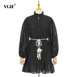 VGH Solid Dress For Women Stand Collar Long Sleeve High Waist Patchwork Lace Up Hollow Out Ruched Mini Dresses Female Tide 210421