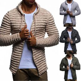 MoneRffi Men Hooded Sweater Coat Autumn Winter Fashion Striped Pleated Mens Zipper Knitted Overcoat Casual Slim Sweater Cardigan