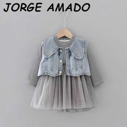 Girls Dress Stripe Gauze Long Sleeve Dress+Denim Vest 2pcs Set fashion Clothing Sets Kids Clothes 1-5T E20141 210610
