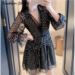 Fashion Gold Polka Dot Woman's Dress V-neck Full Sleeve Tall Waist Runway Vestidos Spring Autumn Black Self Female 210603