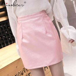 Pink PU Short Skirts Women Fashion Faux Leather Skirt Spring Elegant Zipper Up High Waist Mini For Female Ladies B04403B 210421