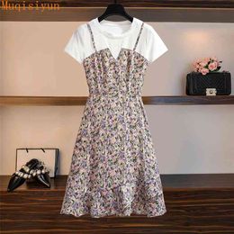 Summer Dress For Women Spaghetti Strap Fake two Pieces Short Sleeve Cotton Patchwork Floral Chiffon Dresses Female Clothing 210428