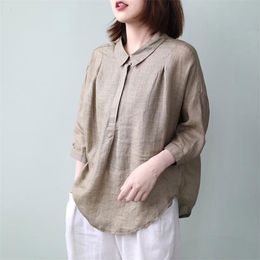 Summer Arts Style Women Back Lacing Loose Shirt Casual Solid Cotton Linen Turn-down Collar Vintage Blouses Femme M233 210512