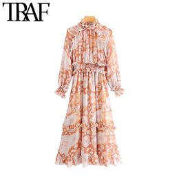 TRAF Women Vintage Stylish Floral Print Ruffled Midi Dress Fashion Long Sleeve Elastic Waist Office Wear Female Dresses Vestidos 210415