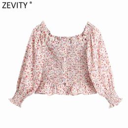 Women Sweet Off Shoulder Floral Print Breasted Shirt Female Pleat Ruffles Elastic Slim Short Blouse Roupas Chic Crop Tops LS9238 210420